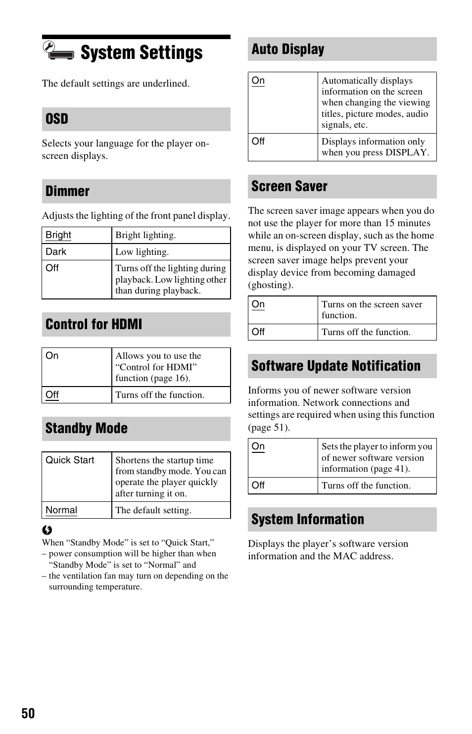 System settings, Osd dimmer, Control for hdmi | Standby mode, Auto display, Screen saver, Software update notification, System information | Sony BDP-BX1 User Manual | Page 50 / 79