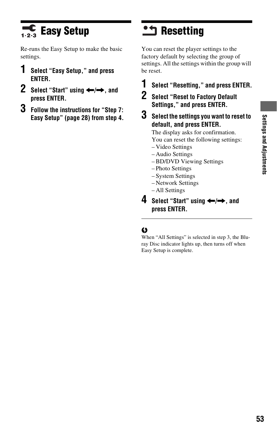 Easy setup, Resetting, Easy setup resetting | Sony BDP-BX1 User Manual | Page 53 / 79