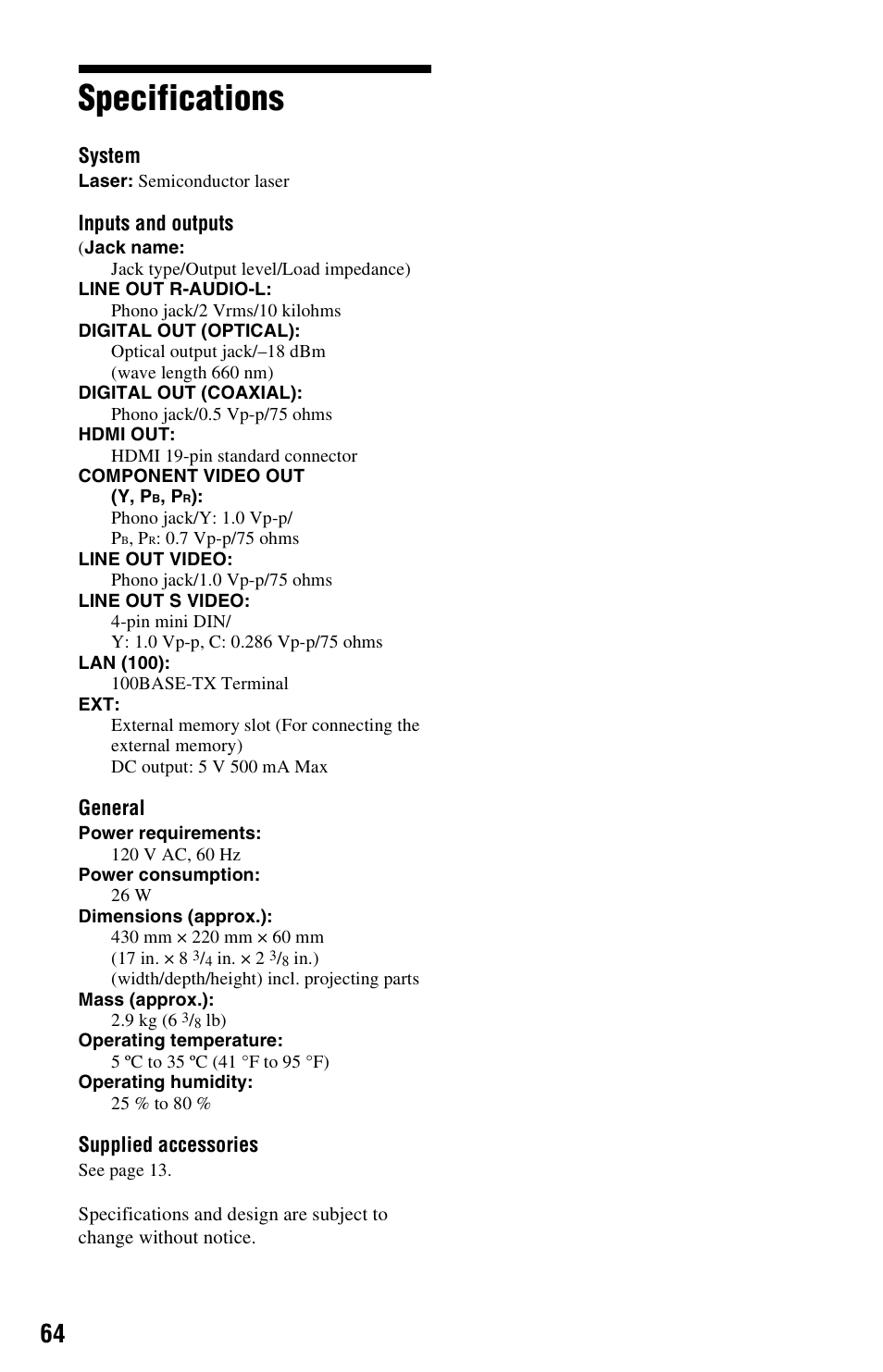 Specifications | Sony BDP-BX1 User Manual | Page 64 / 79
