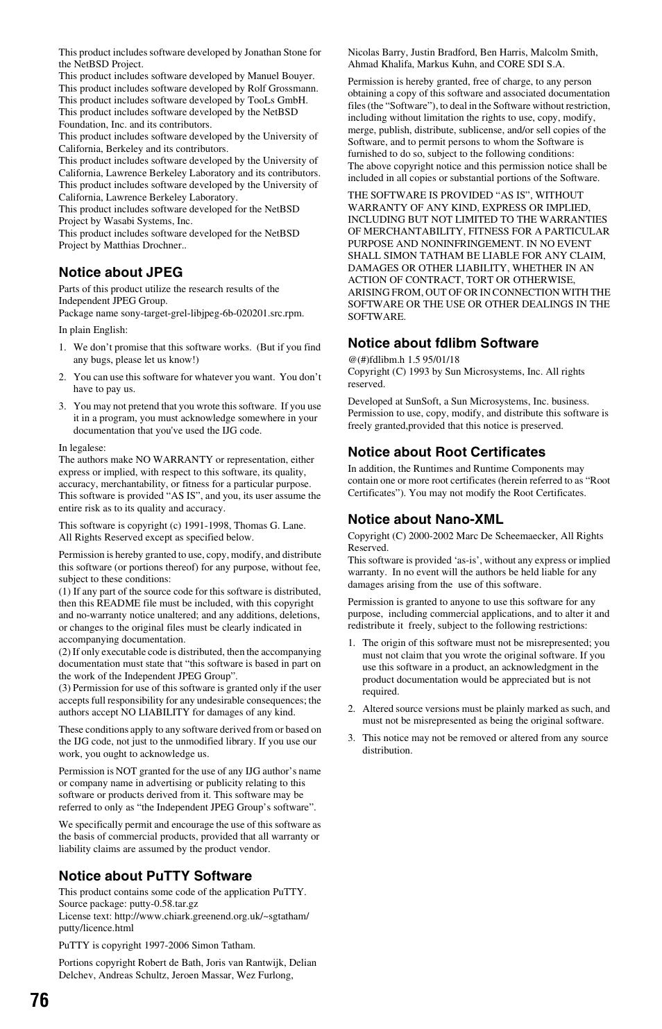 Notice about jpeg, Notice about putty software, Notice about fdlibm software | Notice about root certificates, Notice about nano-xml | Sony BDP-BX1 User Manual | Page 76 / 79