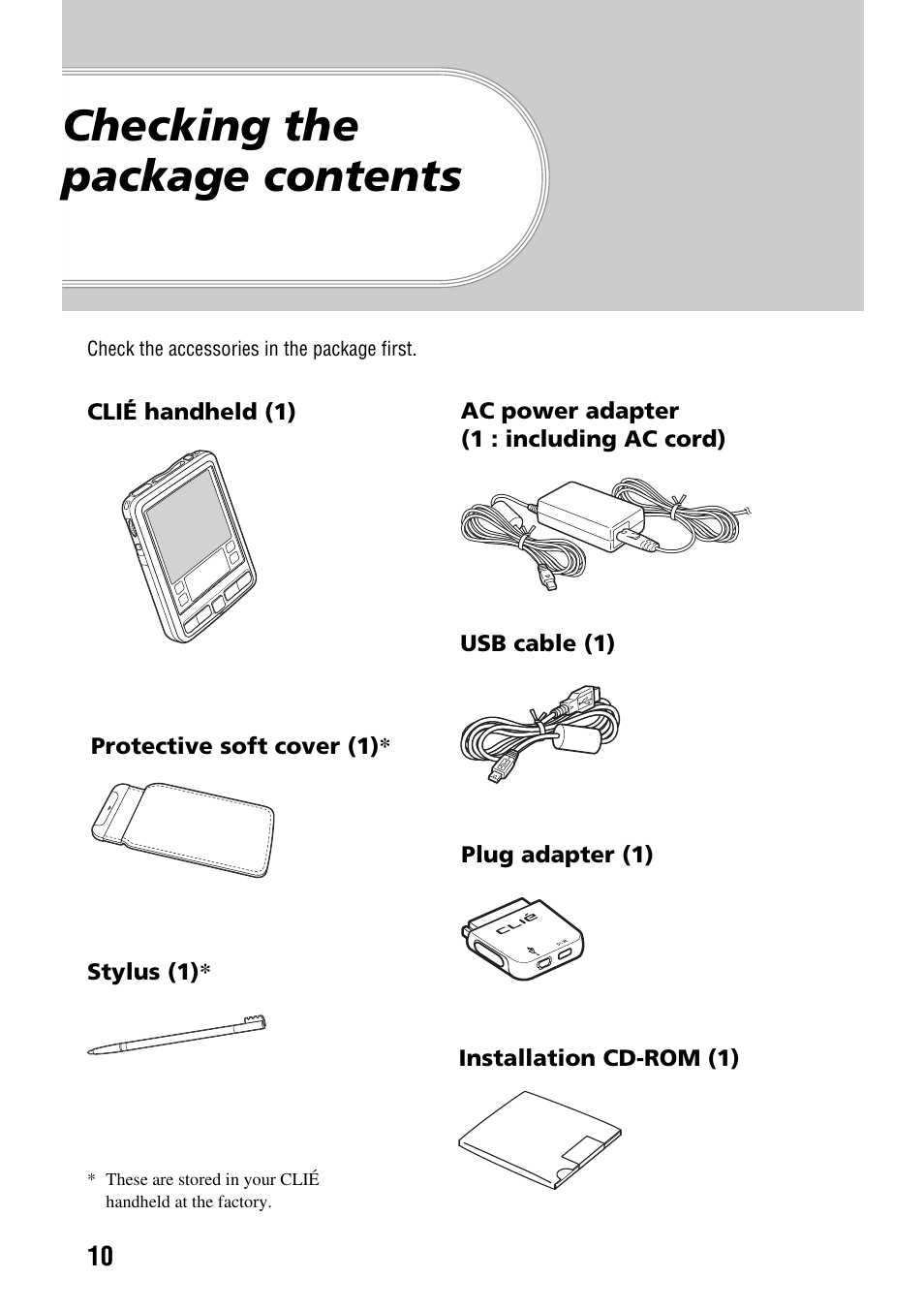 Checking the package contents | Sony PEG-SJ22 User Manual | Page 10 / 71