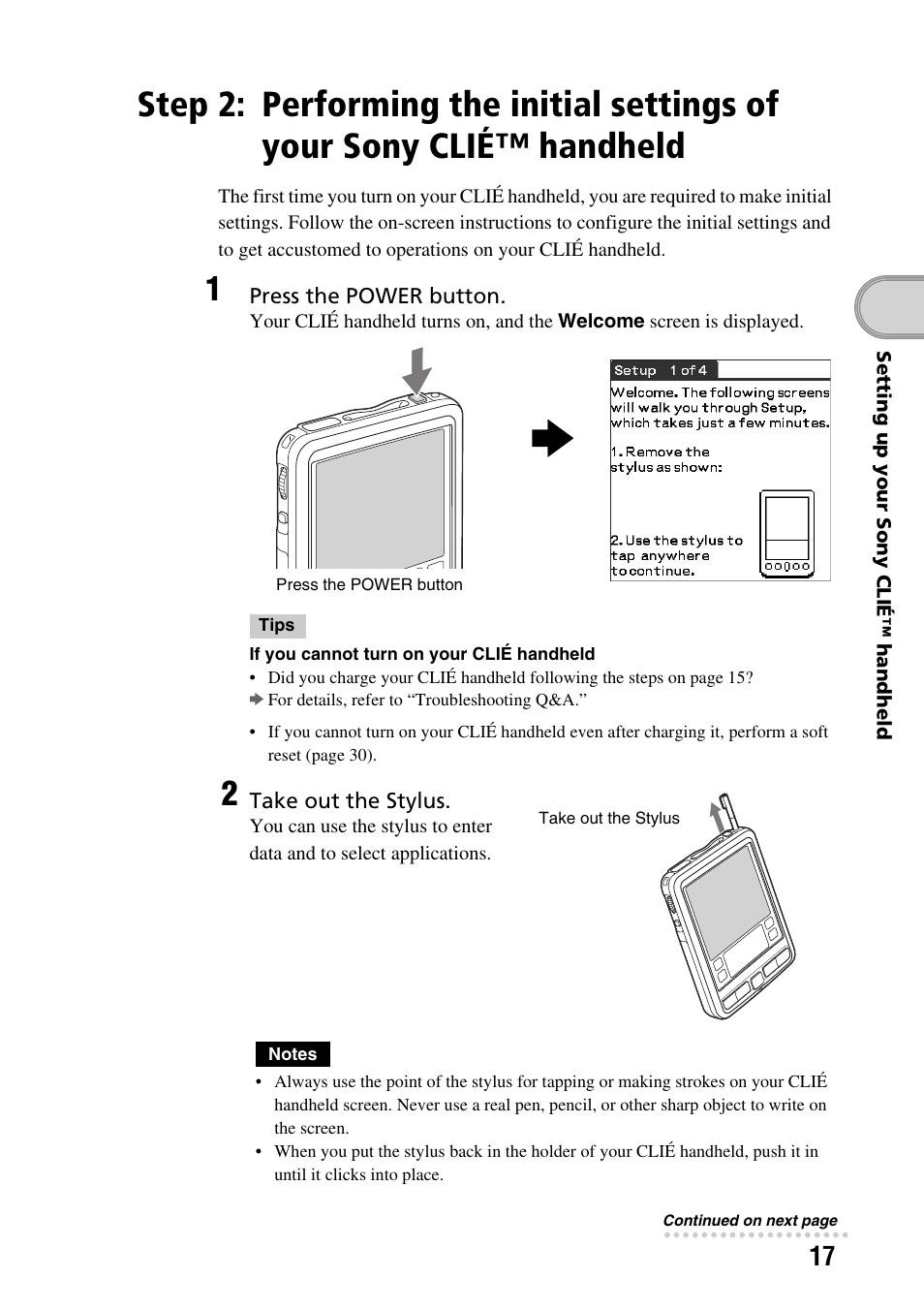 Performing the initial settings of your, Sony clié™ handheld | Sony PEG-SJ22 User Manual | Page 17 / 71