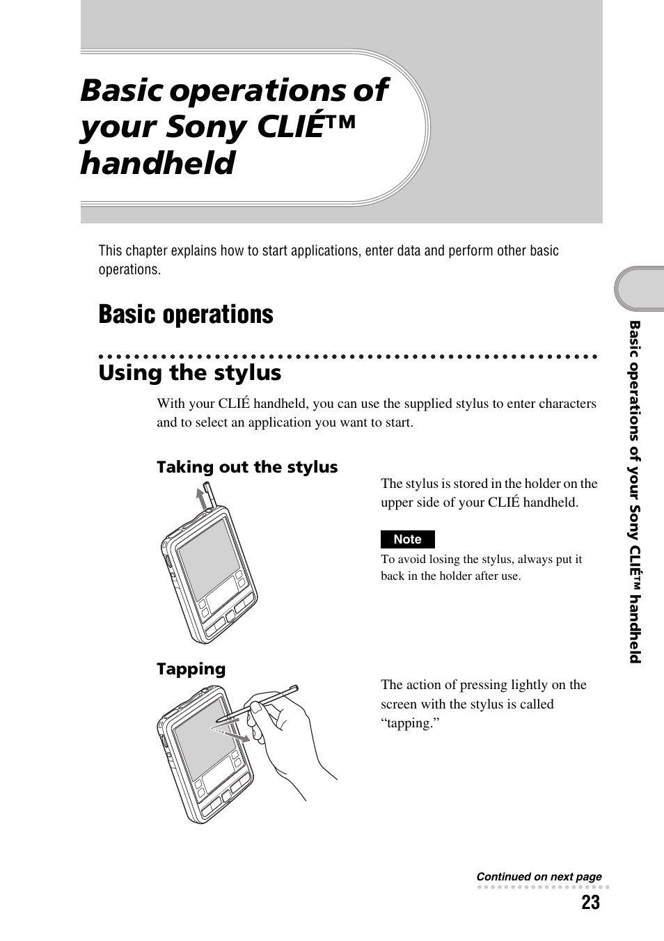 Basic operations of your sony clié™ handheld, Basic operations, Using the stylus | Sony PEG-SJ22 User Manual | Page 23 / 71