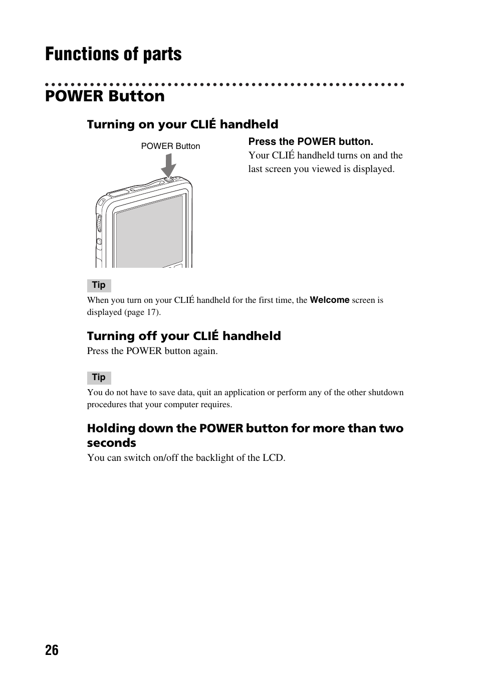 Functions of parts, Power button | Sony PEG-SJ22 User Manual | Page 26 / 71