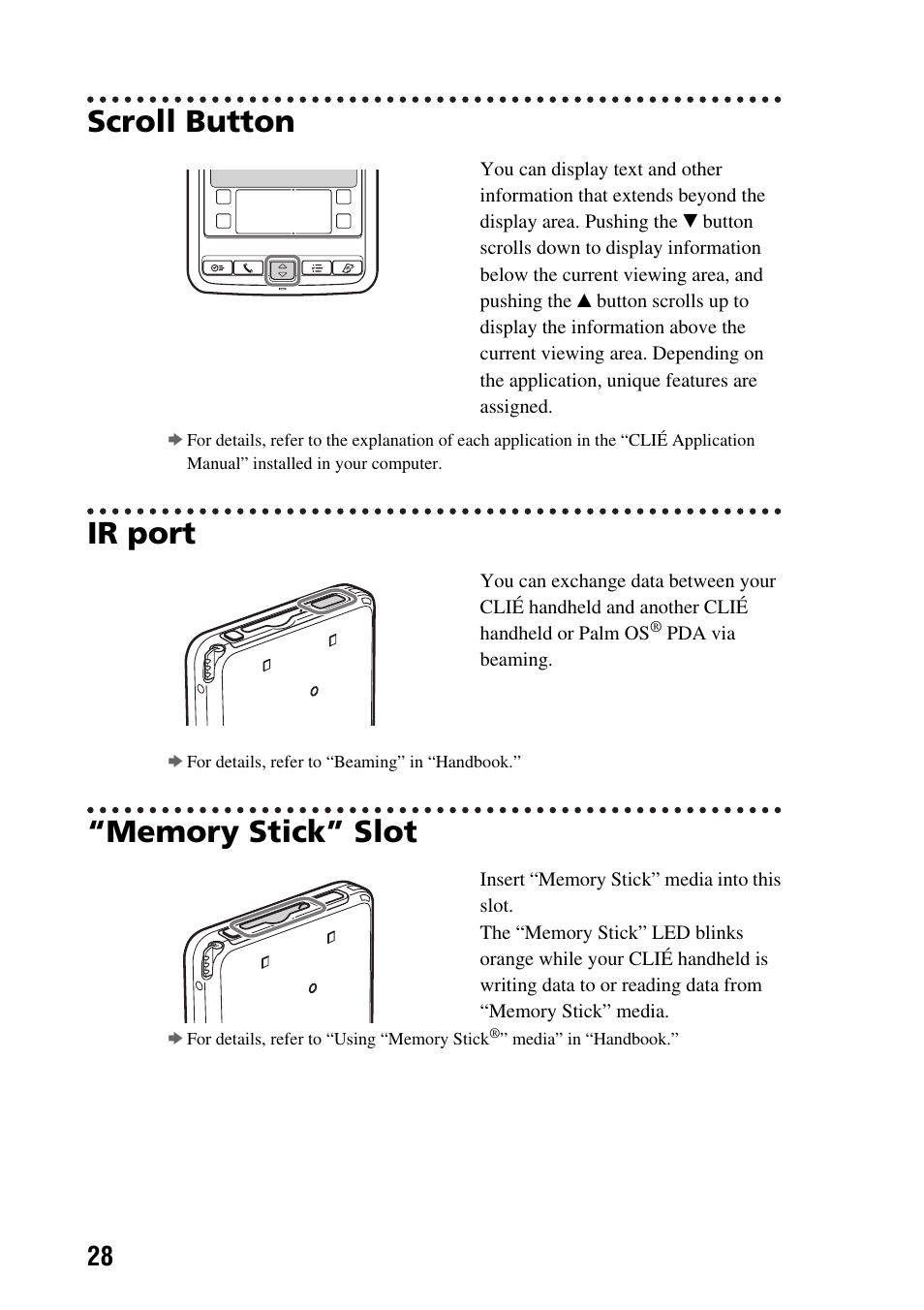 Scroll button, Ir port, Memory stick” slot | Sony PEG-SJ22 User Manual | Page 28 / 71