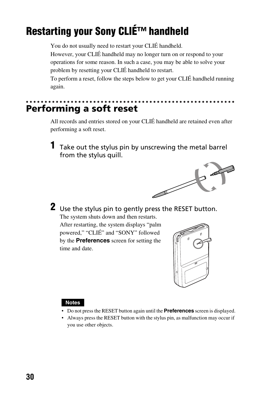 Restarting your sony clié™ handheld, Performing a soft reset, Restarting your sony clié | Handheld | Sony PEG-SJ22 User Manual | Page 30 / 71