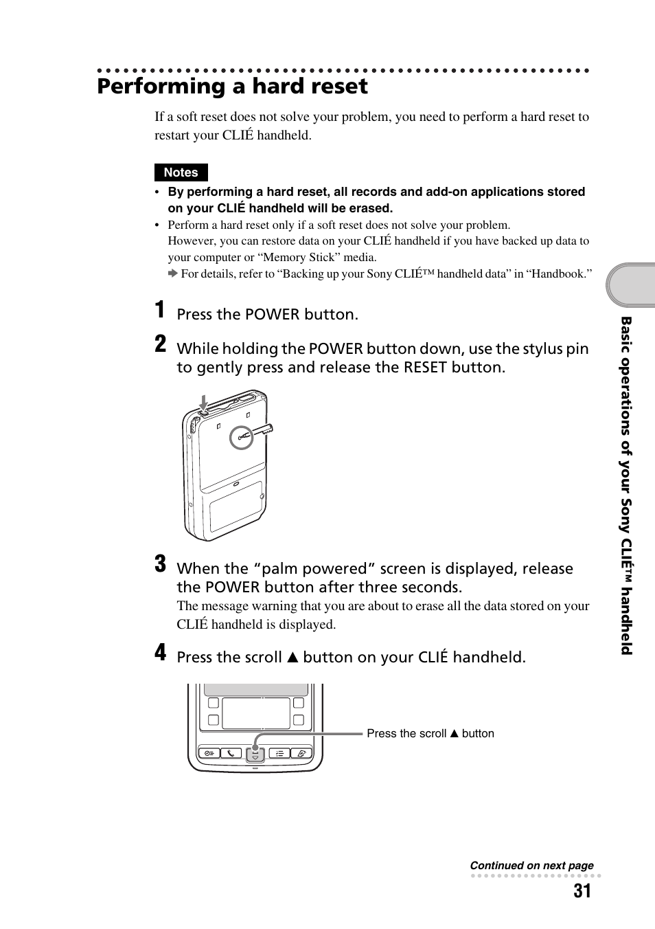 Performing a hard reset | Sony PEG-SJ22 User Manual | Page 31 / 71