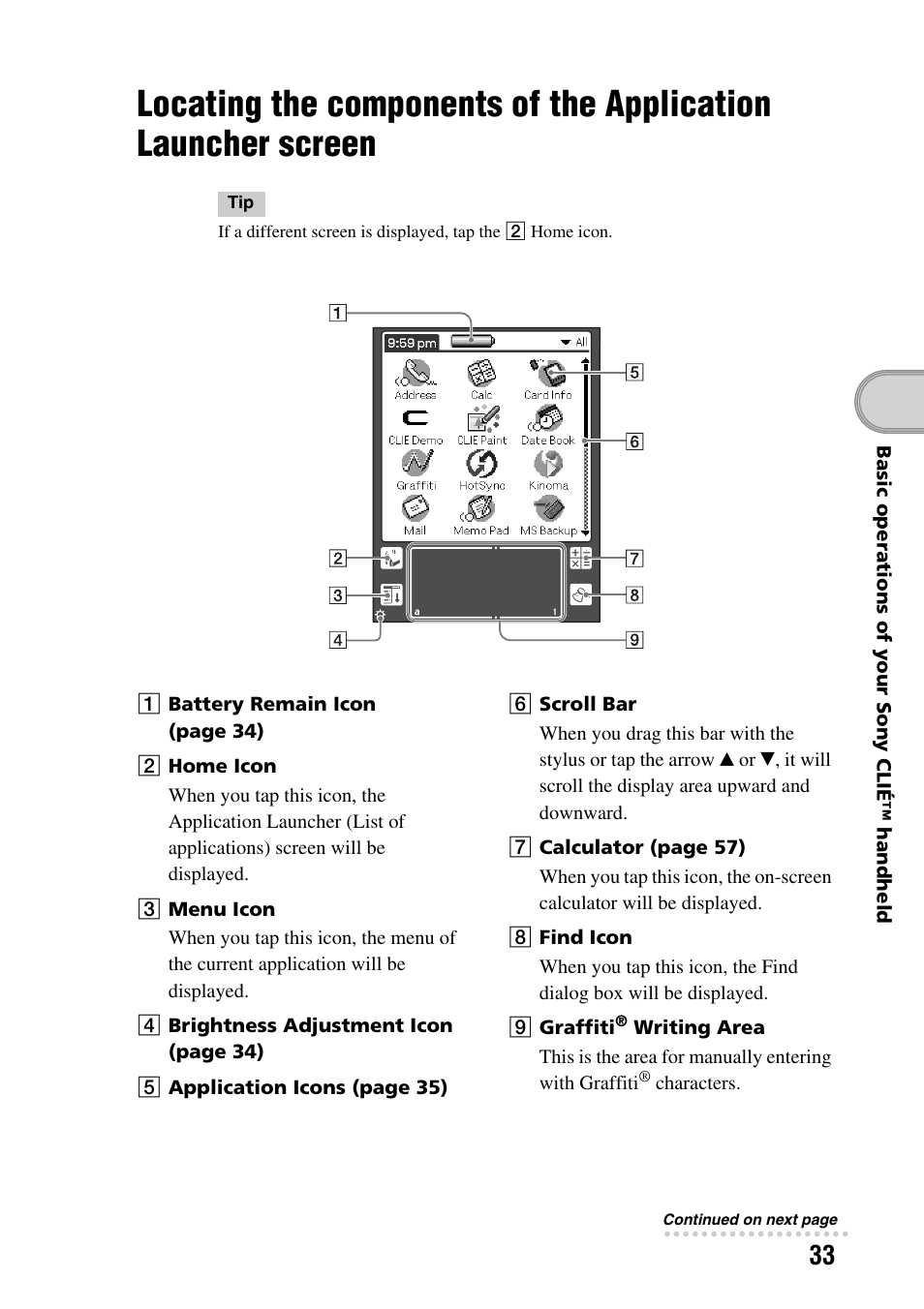 Locating the components of the, Application launcher screen | Sony PEG-SJ22 User Manual | Page 33 / 71