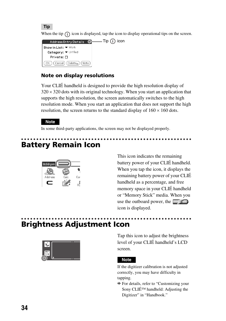 Battery remain icon, Brightness adjustment icon, Battery remain icon brightness adjustment icon | Sony PEG-SJ22 User Manual | Page 34 / 71