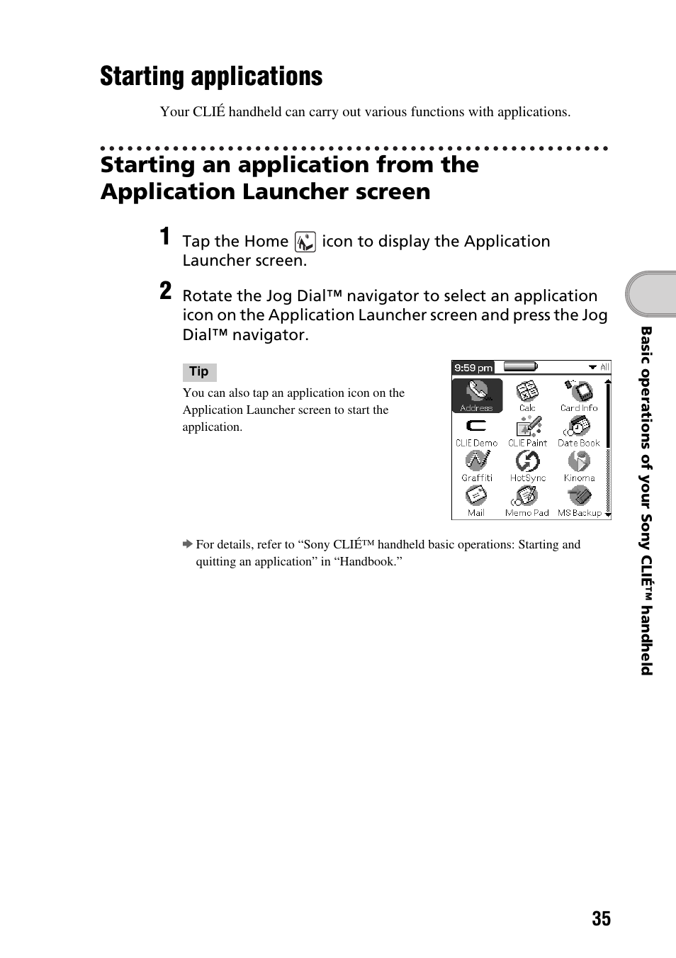 Starting applications | Sony PEG-SJ22 User Manual | Page 35 / 71