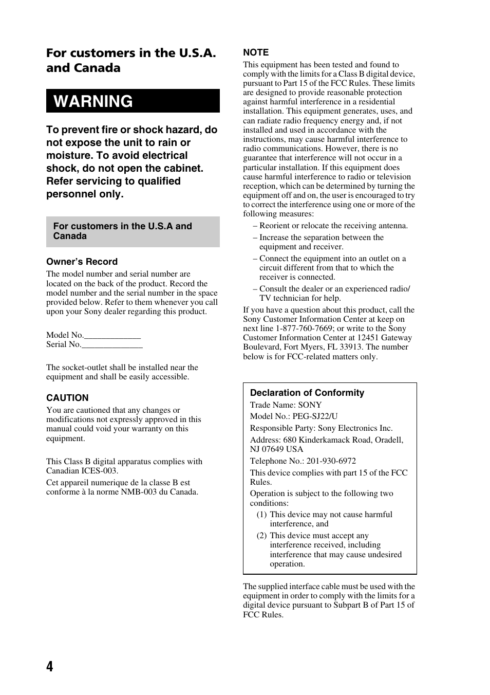 Warning, For customers in the u.s.a. and canada | Sony PEG-SJ22 User Manual | Page 4 / 71