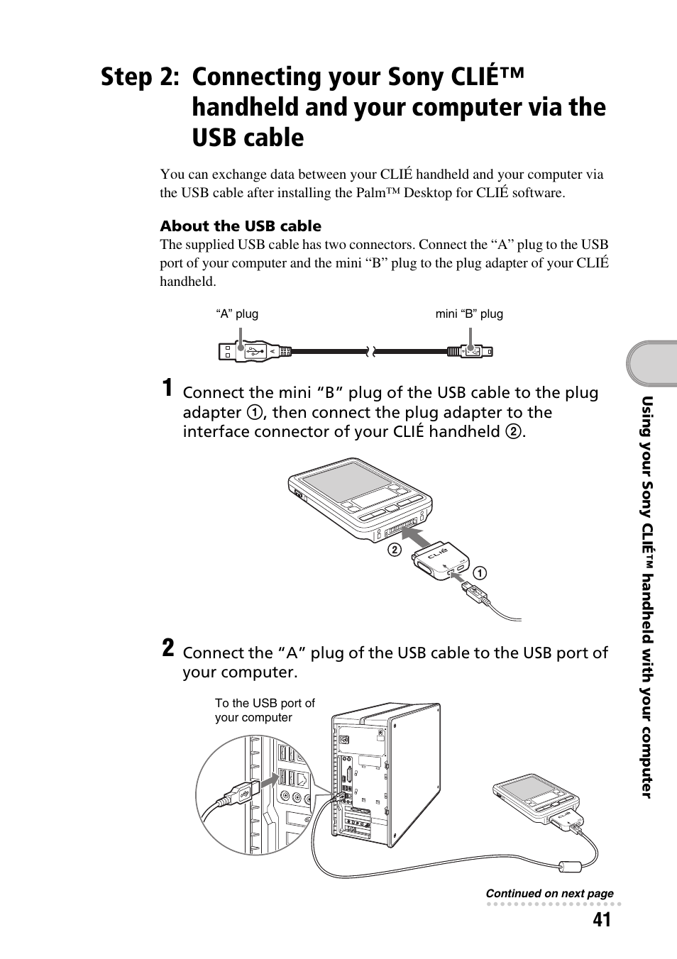 Connecting your sony clié™ handheld, And your computer via the usb cable | Sony PEG-SJ22 User Manual | Page 41 / 71