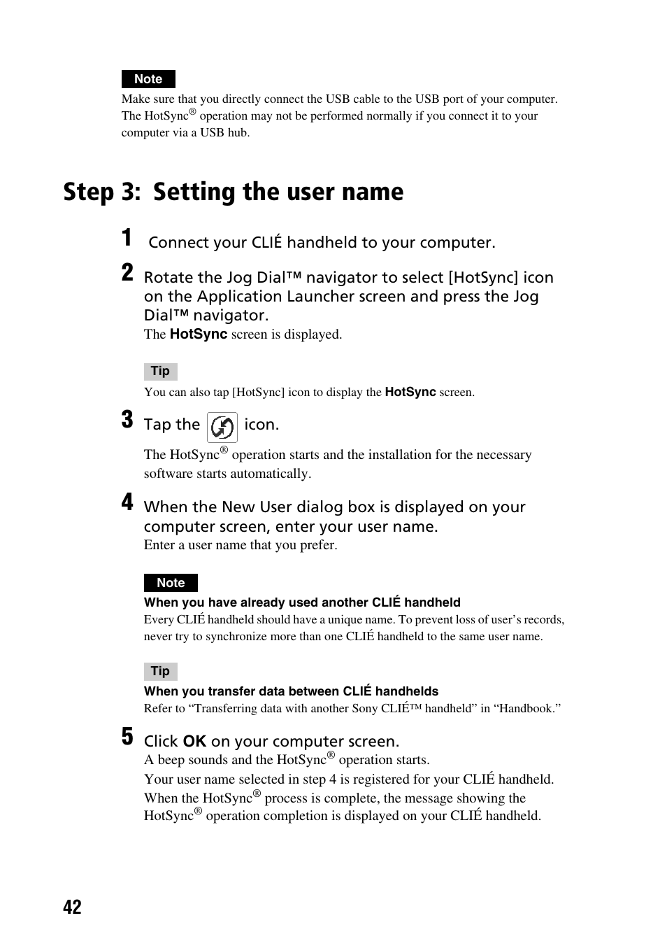 Step 3: setting the user name, Setting the user name | Sony PEG-SJ22 User Manual | Page 42 / 71