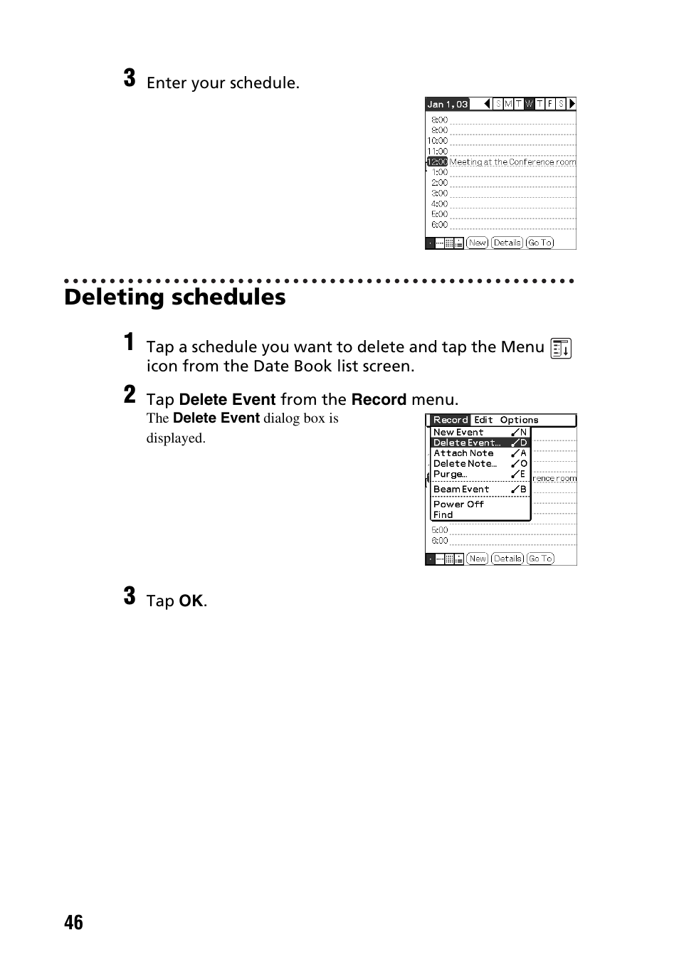 Deleting schedules | Sony PEG-SJ22 User Manual | Page 46 / 71