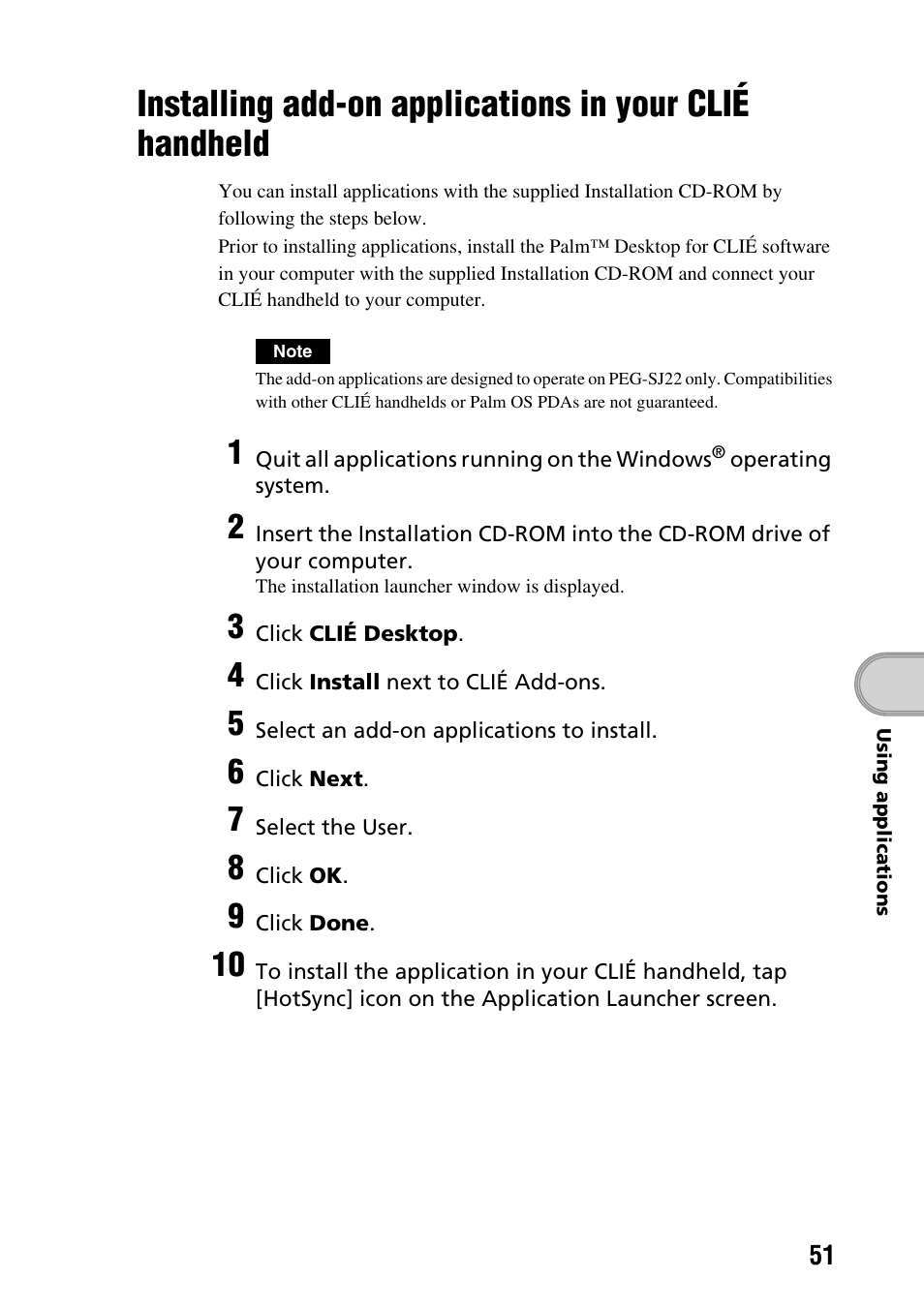 Installing add-on applications in your, Clié handheld | Sony PEG-SJ22 User Manual | Page 51 / 71