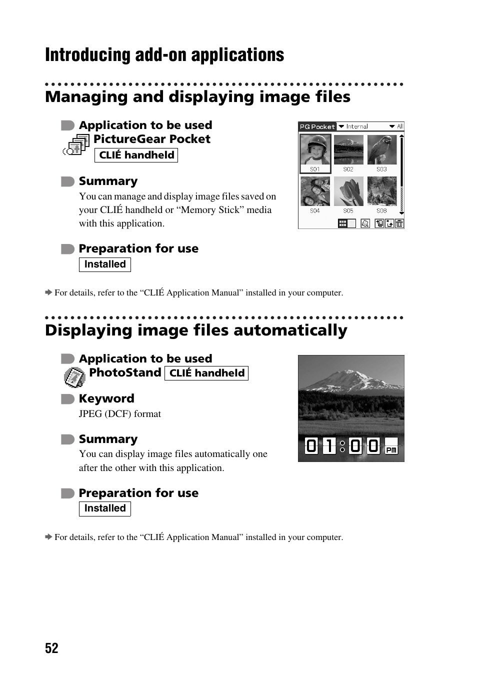 Introducing add-on applications, Managing and displaying image files, Displaying image files automatically | Sony PEG-SJ22 User Manual | Page 52 / 71