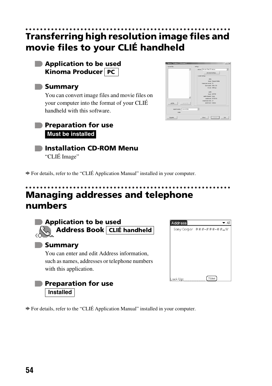 Managing addresses and telephone numbers | Sony PEG-SJ22 User Manual | Page 54 / 71