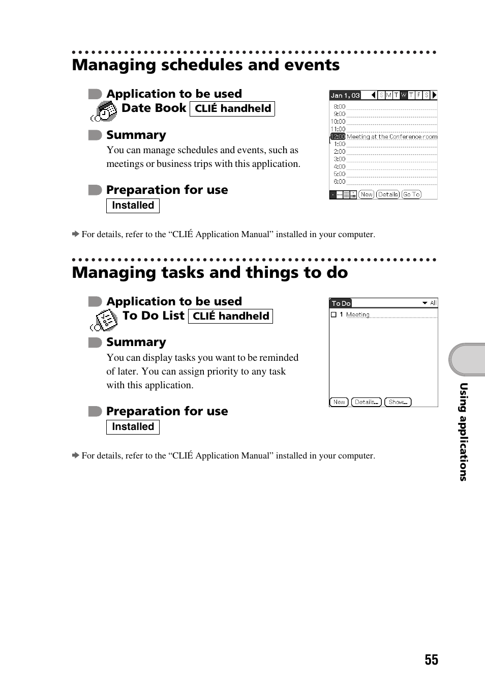 Managing schedules and events, Managing tasks and things to do | Sony PEG-SJ22 User Manual | Page 55 / 71