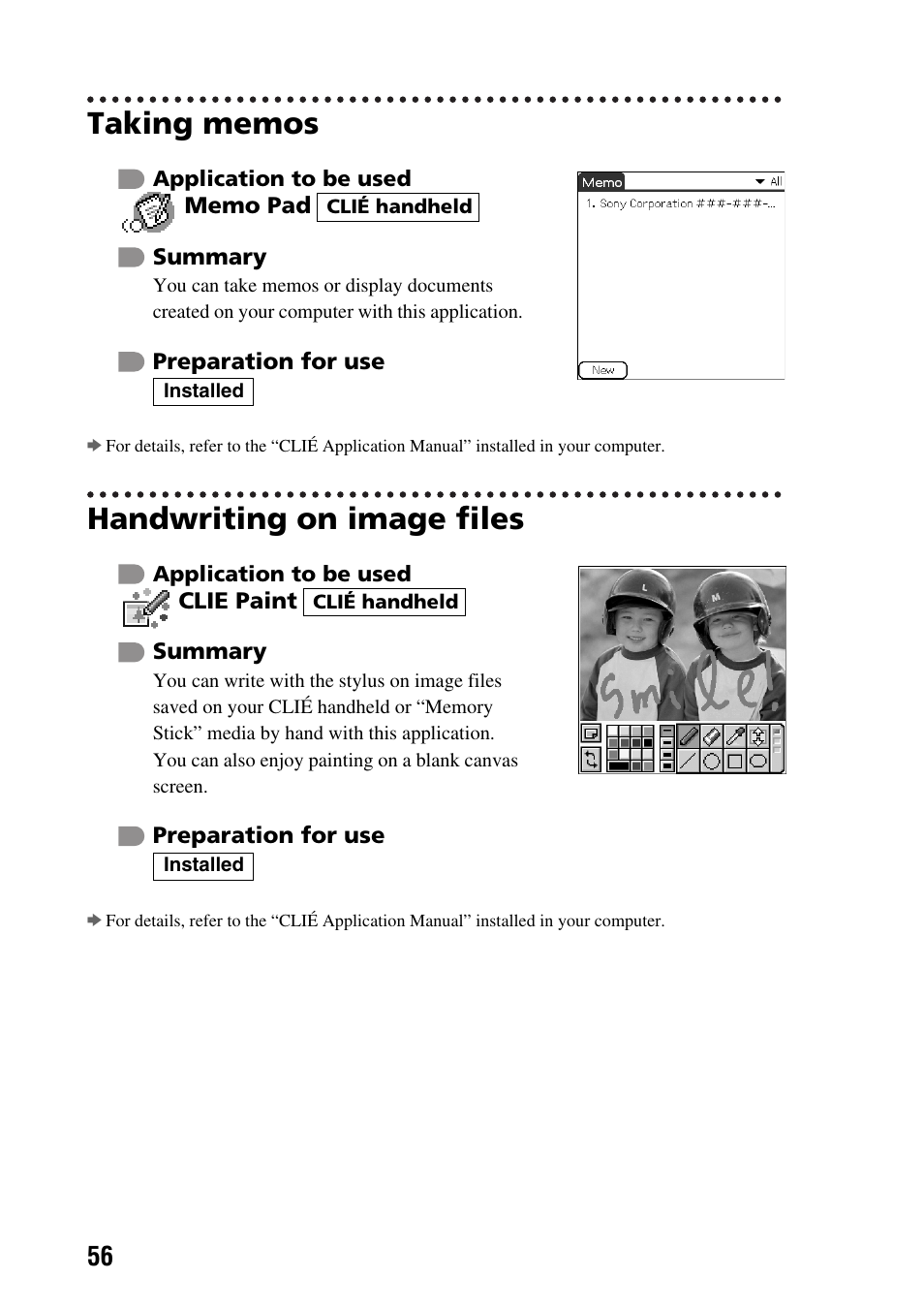 Taking memos, Handwriting on image files | Sony PEG-SJ22 User Manual | Page 56 / 71