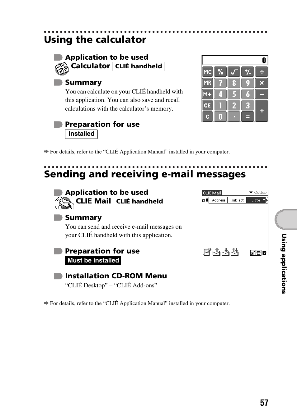 Using the calculator, Sending and receiving e-mail messages | Sony PEG-SJ22 User Manual | Page 57 / 71