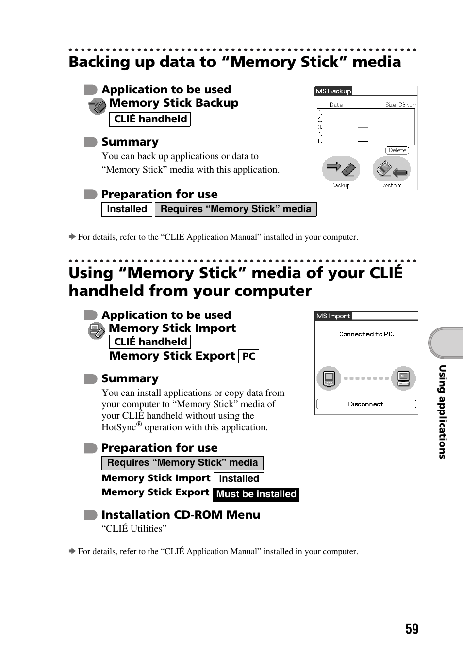 Backing up data to “memory stick” media | Sony PEG-SJ22 User Manual | Page 59 / 71