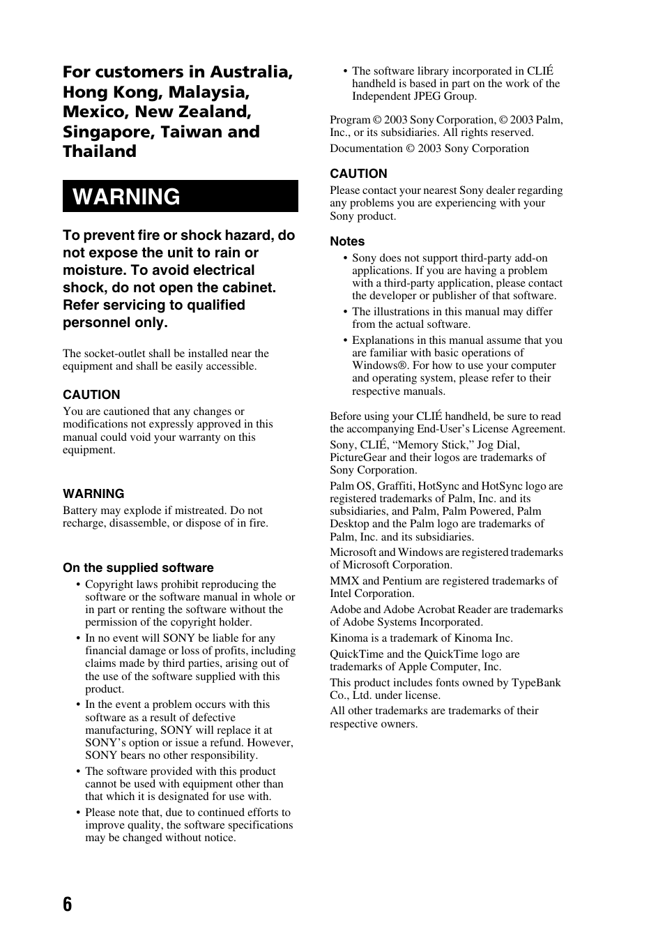 Warning | Sony PEG-SJ22 User Manual | Page 6 / 71