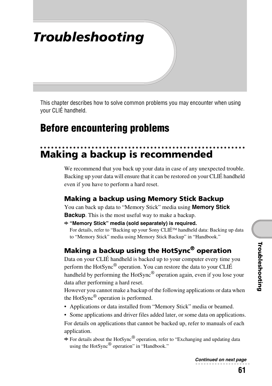 Troubleshooting, Before encountering problems, Making a backup is recommended | Sony PEG-SJ22 User Manual | Page 61 / 71