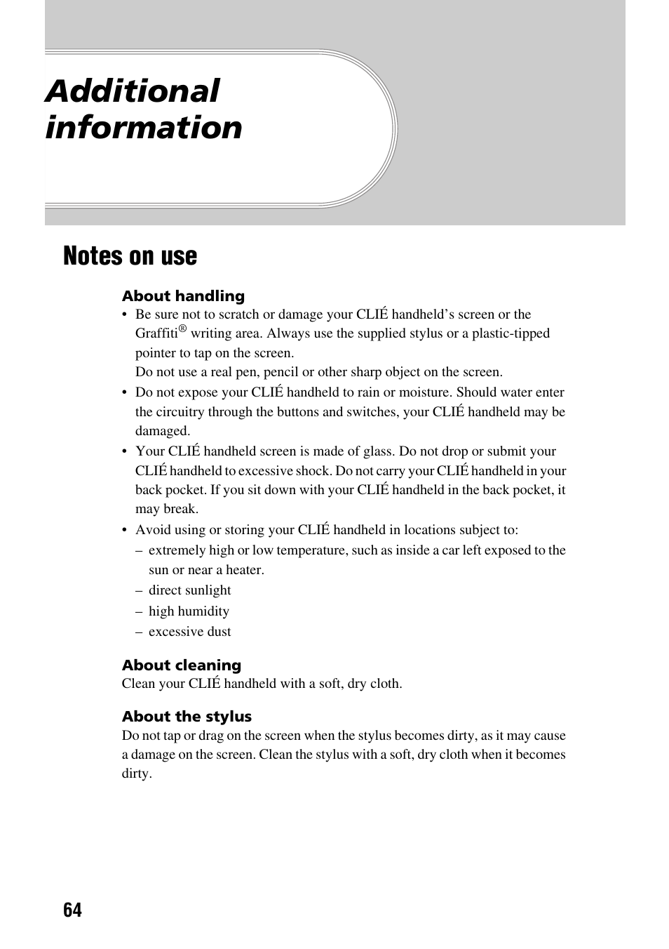 Additional information, Notes on use | Sony PEG-SJ22 User Manual | Page 64 / 71