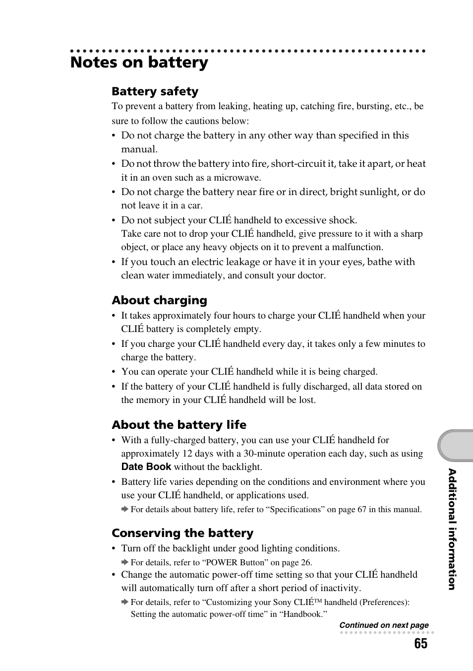 Notes on battery | Sony PEG-SJ22 User Manual | Page 65 / 71