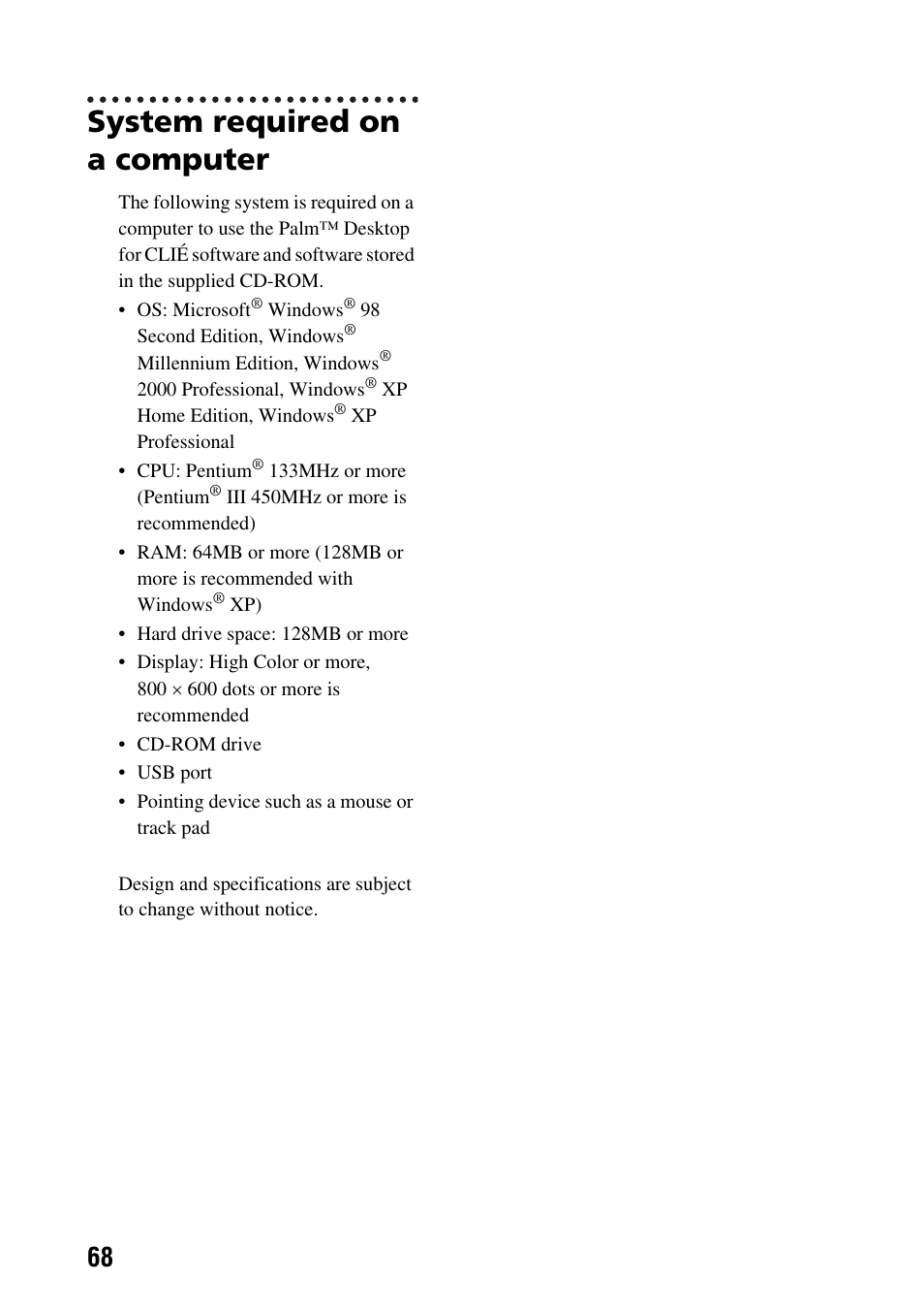 System required on a computer | Sony PEG-SJ22 User Manual | Page 68 / 71