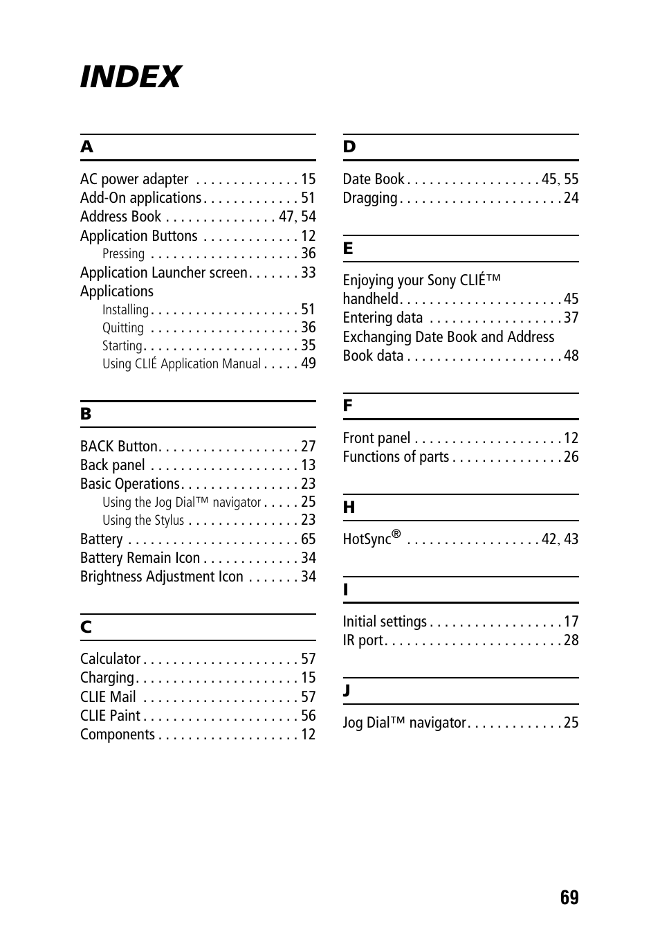 Index | Sony PEG-SJ22 User Manual | Page 69 / 71