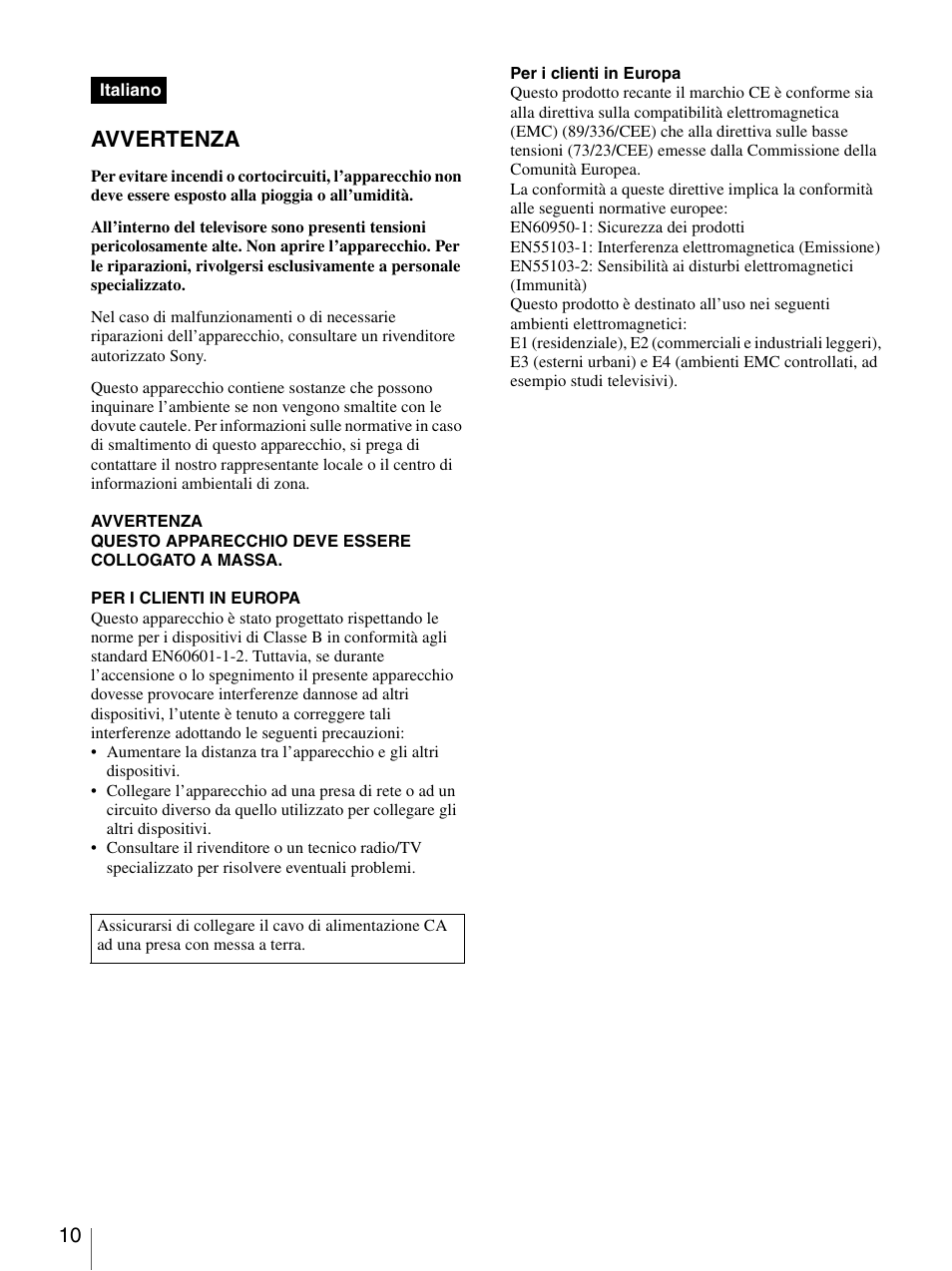 Avvertenza | Sony LMD-2140MD User Manual | Page 10 / 43