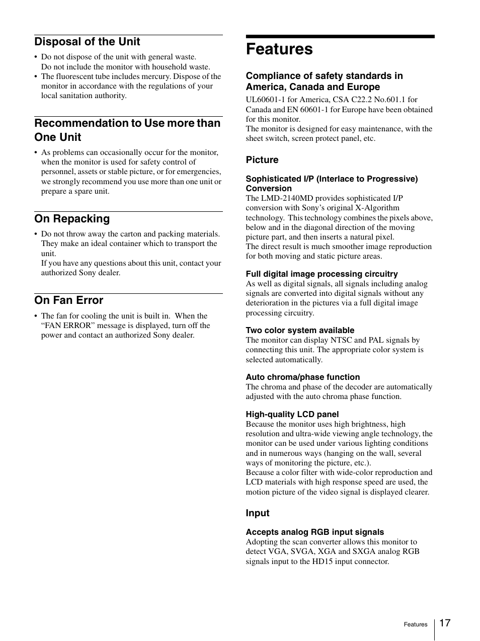 Disposal of the unit, Recommendation to use more than one unit, On repacking | On fan error, Features | Sony LMD-2140MD User Manual | Page 17 / 43