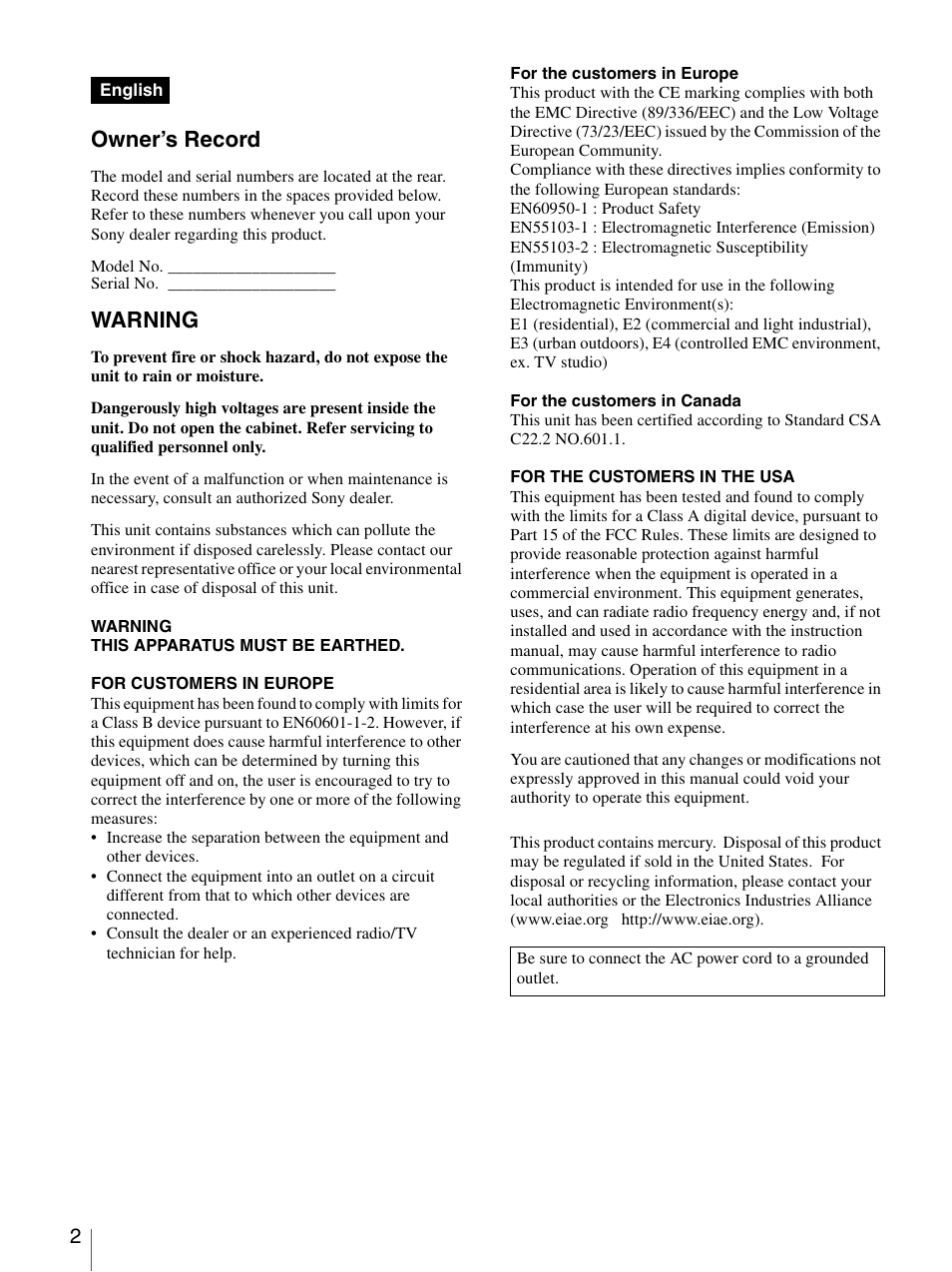 Owner’s record, Warning | Sony LMD-2140MD User Manual | Page 2 / 43