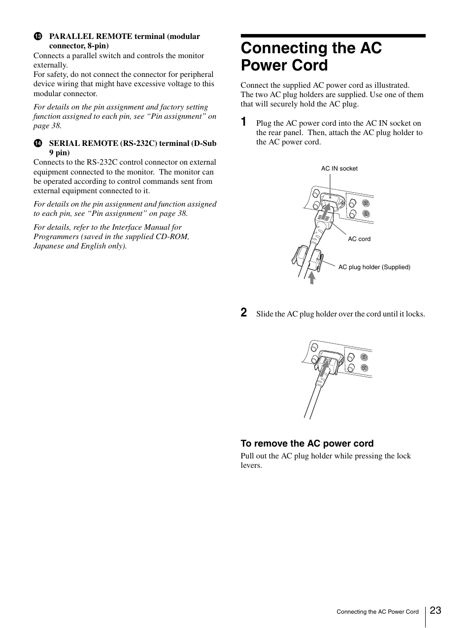 Connecting the ac power cord | Sony LMD-2140MD User Manual | Page 23 / 43
