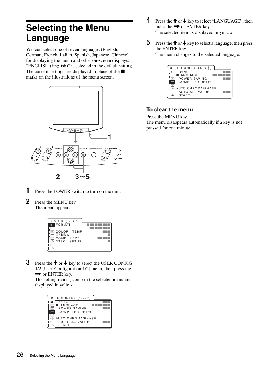 Selecting the menu language, Press the power switch to turn on the unit, Press the menu key. the menu appears | Sony LMD-2140MD User Manual | Page 26 / 43