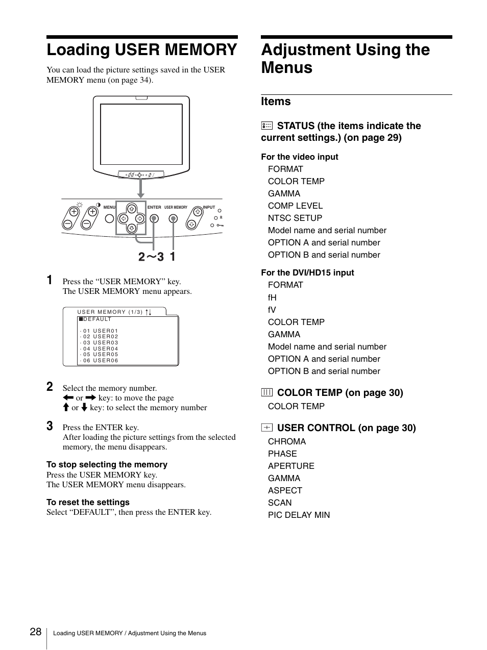 Loading user memory, Adjustment using the menus, Items | Loading user memory adjustment using the menus, Color temp (on page 30), User control (on page 30) | Sony LMD-2140MD User Manual | Page 28 / 43