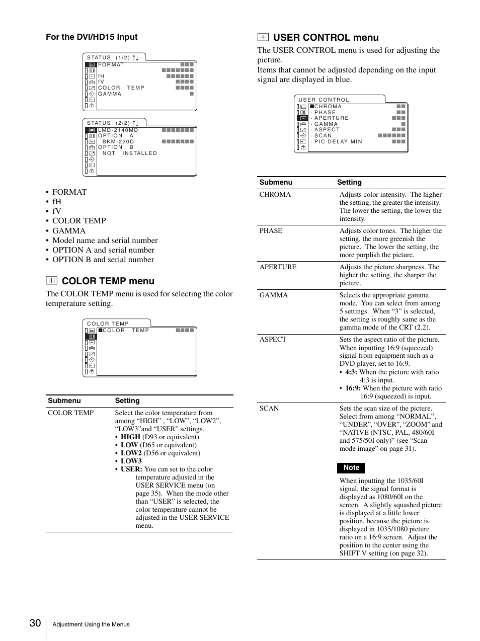 Color temp menu, User control menu, Color temp menu user control menu | Sony LMD-2140MD User Manual | Page 30 / 43