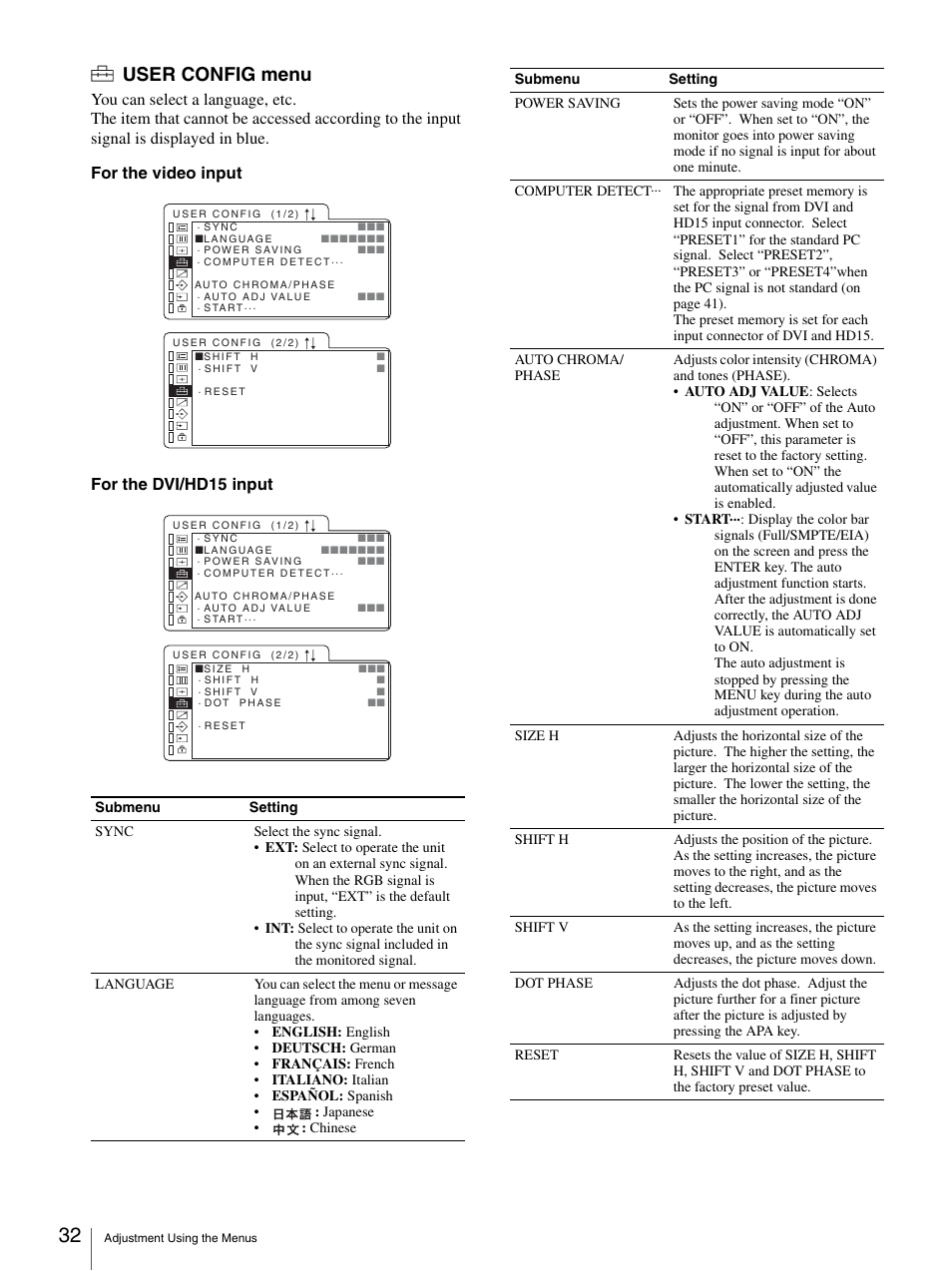 User config menu | Sony LMD-2140MD User Manual | Page 32 / 43