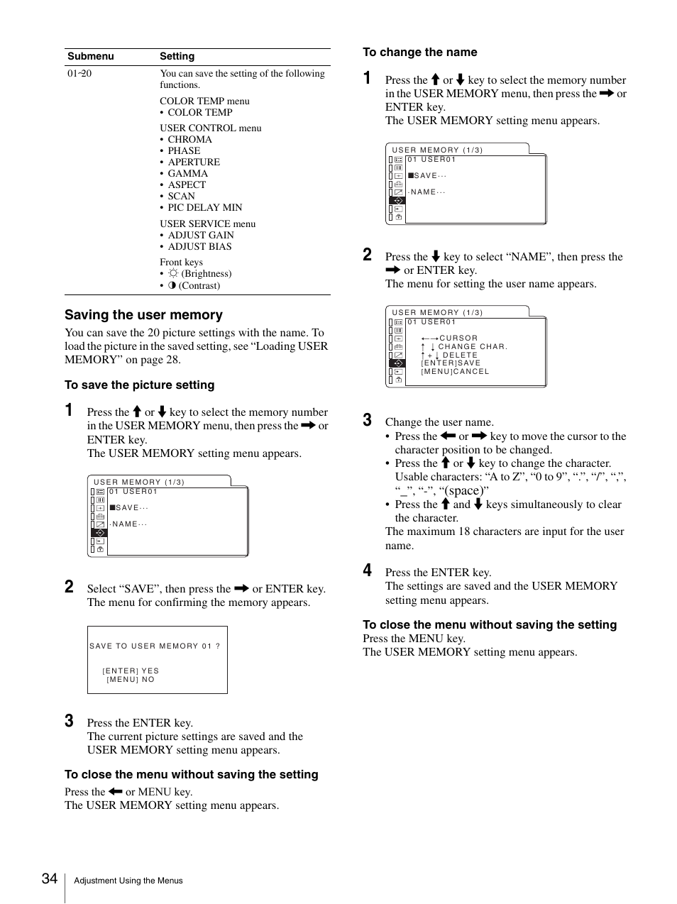 Saving the user memory, Space) | Sony LMD-2140MD User Manual | Page 34 / 43