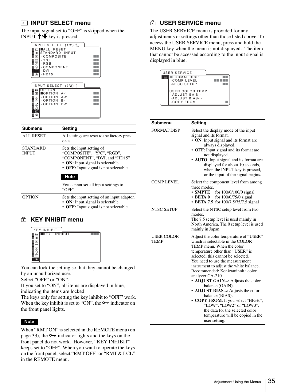 Input select menu, Key inhibit menu, User service menu | Sony LMD-2140MD User Manual | Page 35 / 43