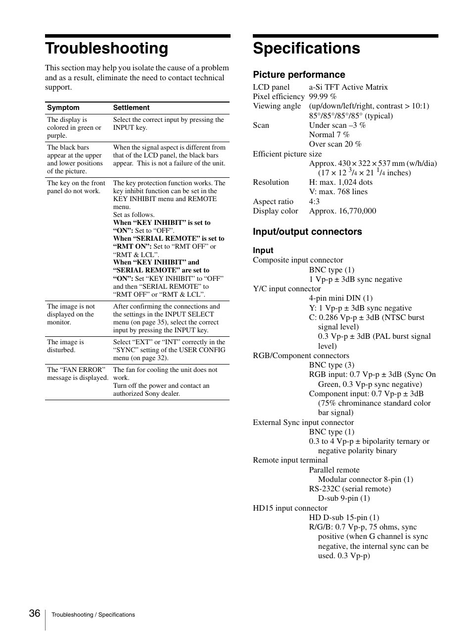 Troubleshooting, Specifications, Troubleshooting specifications | Sony LMD-2140MD User Manual | Page 36 / 43