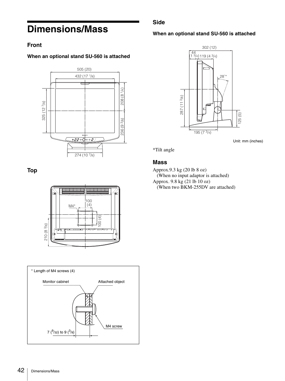 Dimensions/mass, Front, Top side | Mass, When an optional stand su-560 is attached | Sony LMD-2140MD User Manual | Page 42 / 43