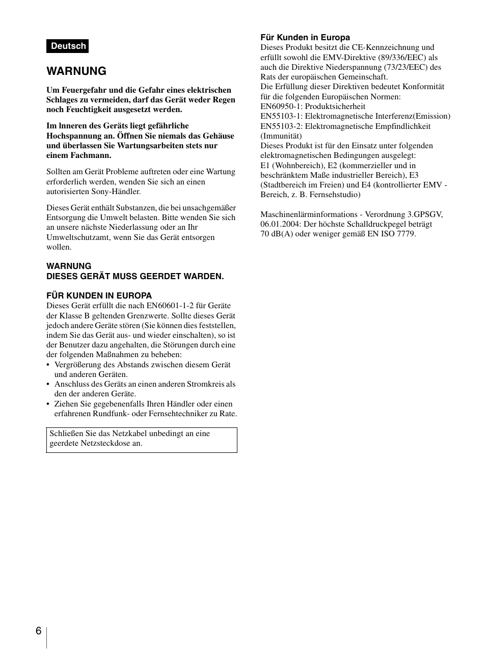 Warnung | Sony LMD-2140MD User Manual | Page 6 / 43