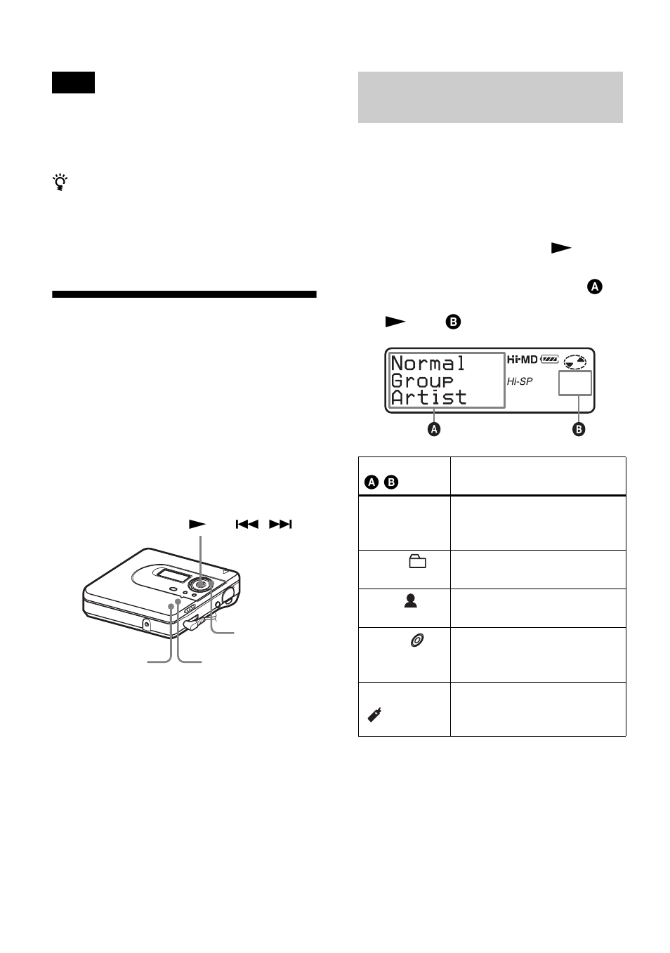 Selecting the play mode, Playing tracks in main play mode | Sony MZ-NH600 User Manual | Page 34 / 112