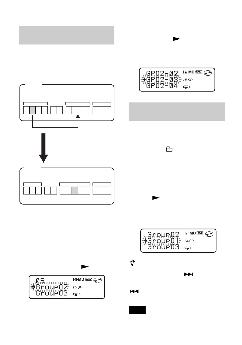 Moving a track in a disc with group setting, Changing the order of a group on a disc | Sony MZ-NH600 User Manual | Page 46 / 112