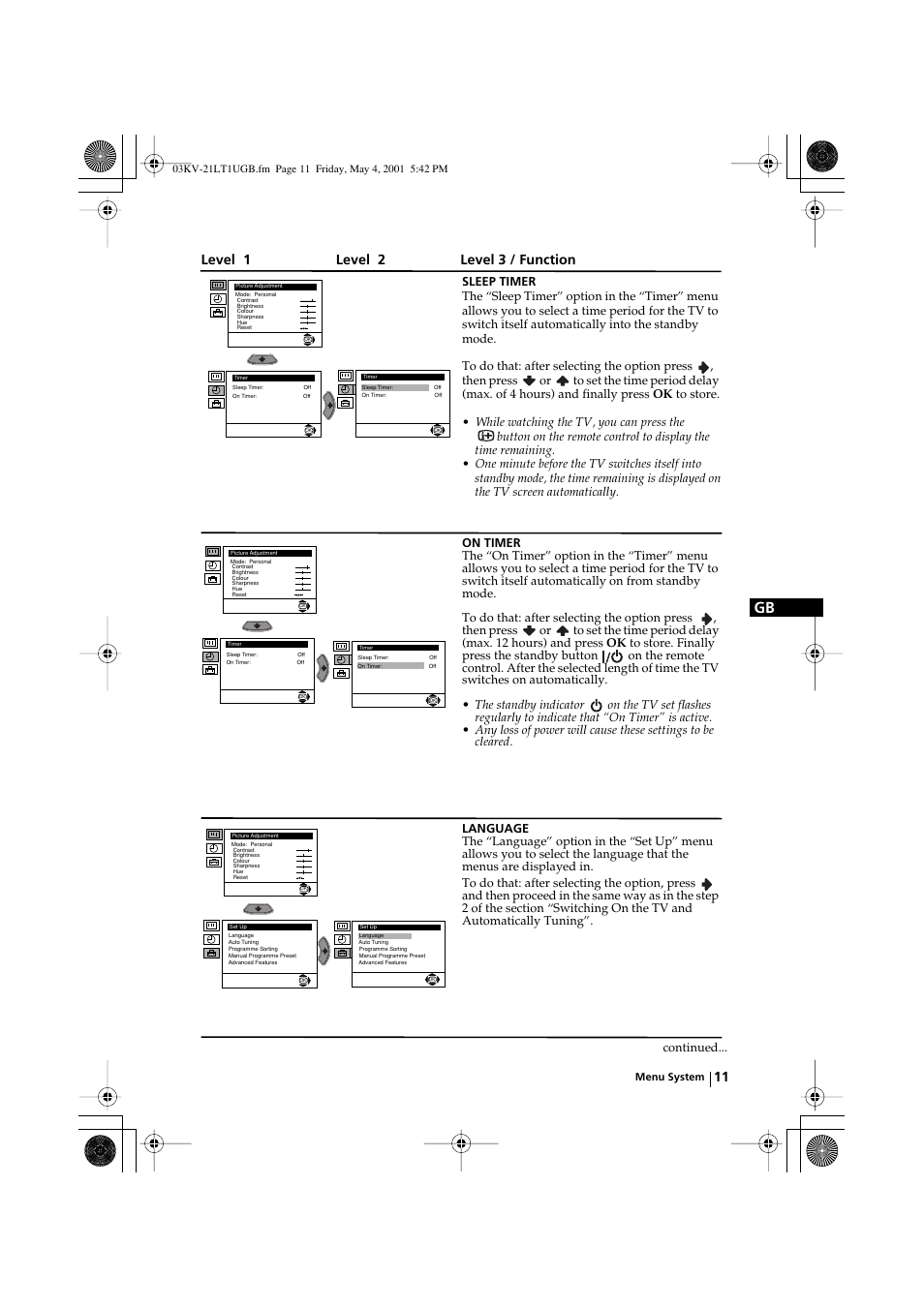 Level 1 level 2 level 3 / function | Sony KV-21LT1U User Manual | Page 11 / 24