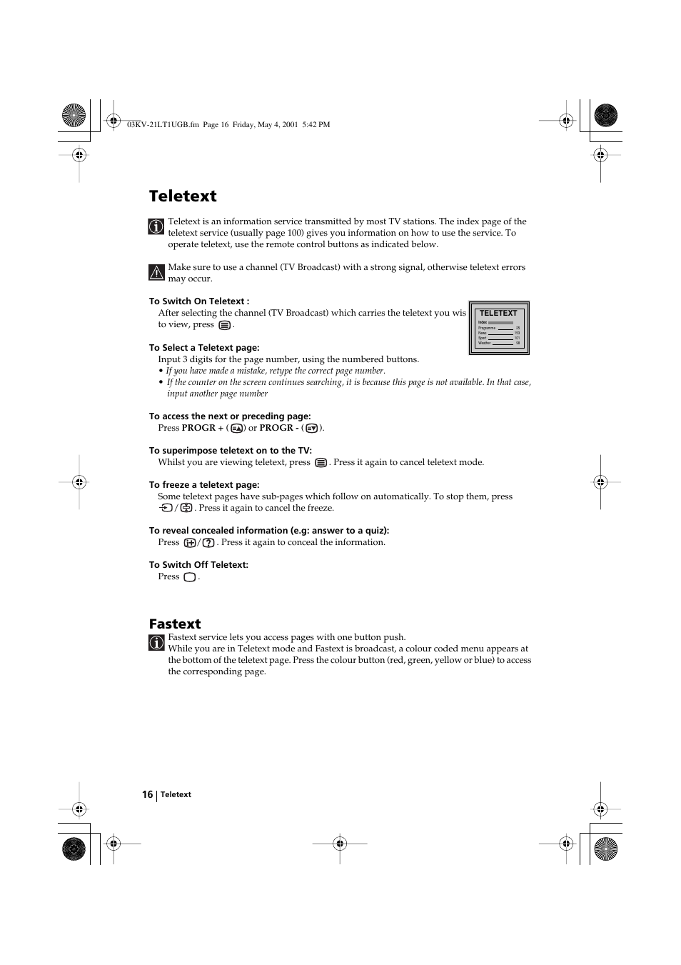 Teletext, Fastext | Sony KV-21LT1U User Manual | Page 16 / 24