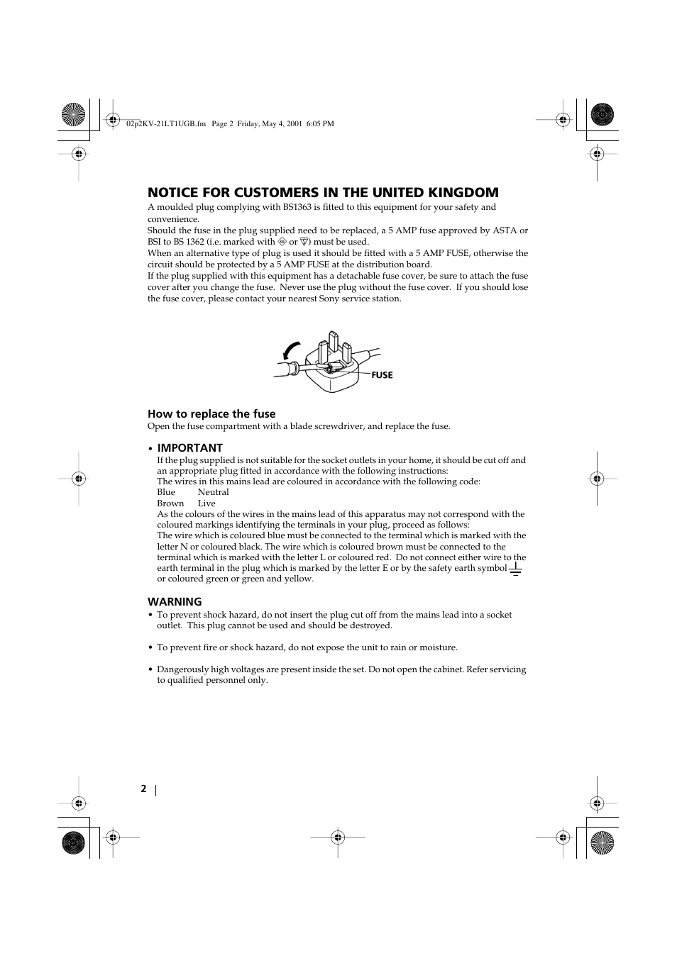 Notice for customers in the united kingdom | Sony KV-21LT1U User Manual | Page 2 / 24