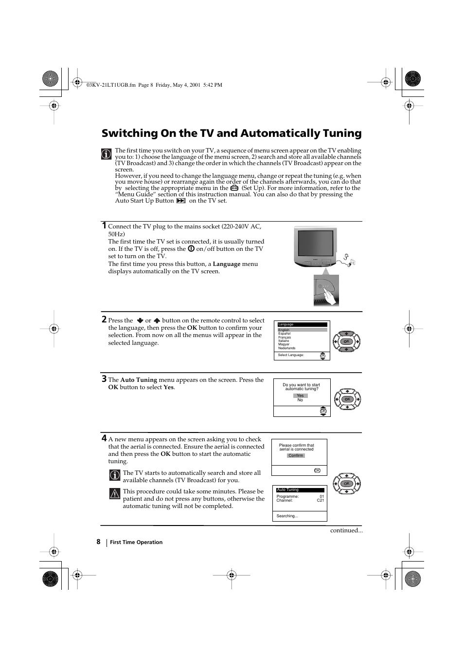 Switching on the tv and automatically tuning | Sony KV-21LT1U User Manual | Page 8 / 24